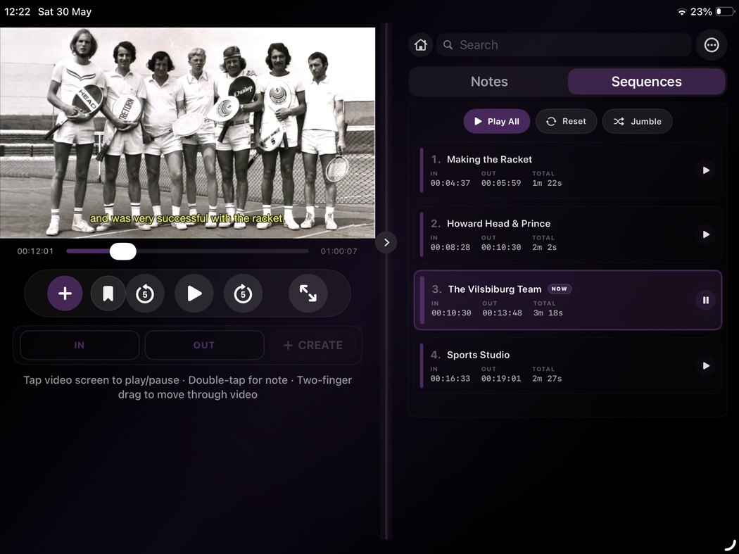 ReelNotes Mobile iPad sequence review screen